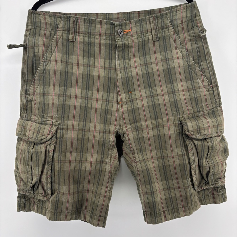 LL Bean Mens 33 (34) Olive Green Plaid Cargo Shorts Cotton 9" Inseam 275885